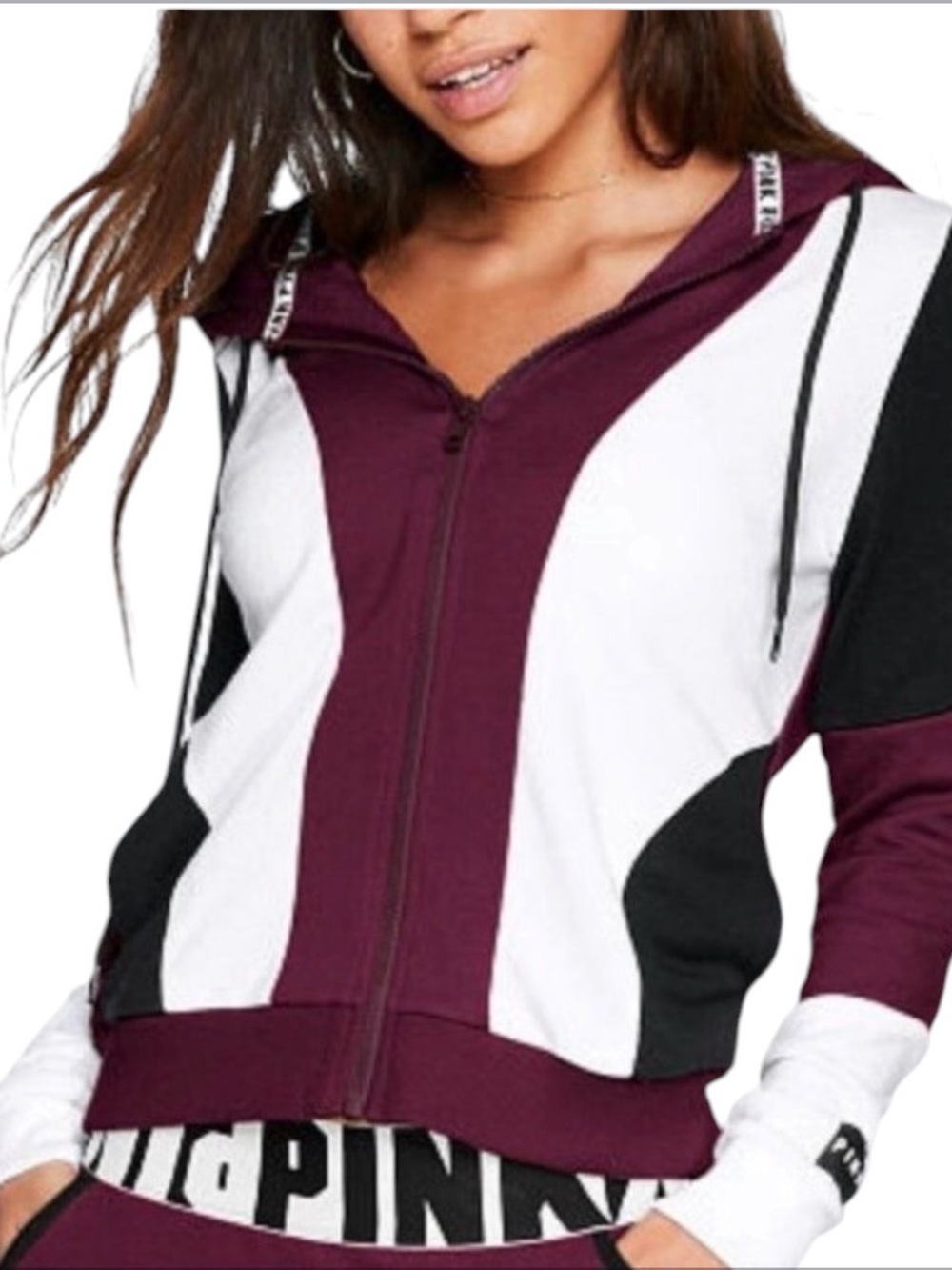 Victoria's Secret PINK Maroon, White & Black Colorblock Zip Hoodie